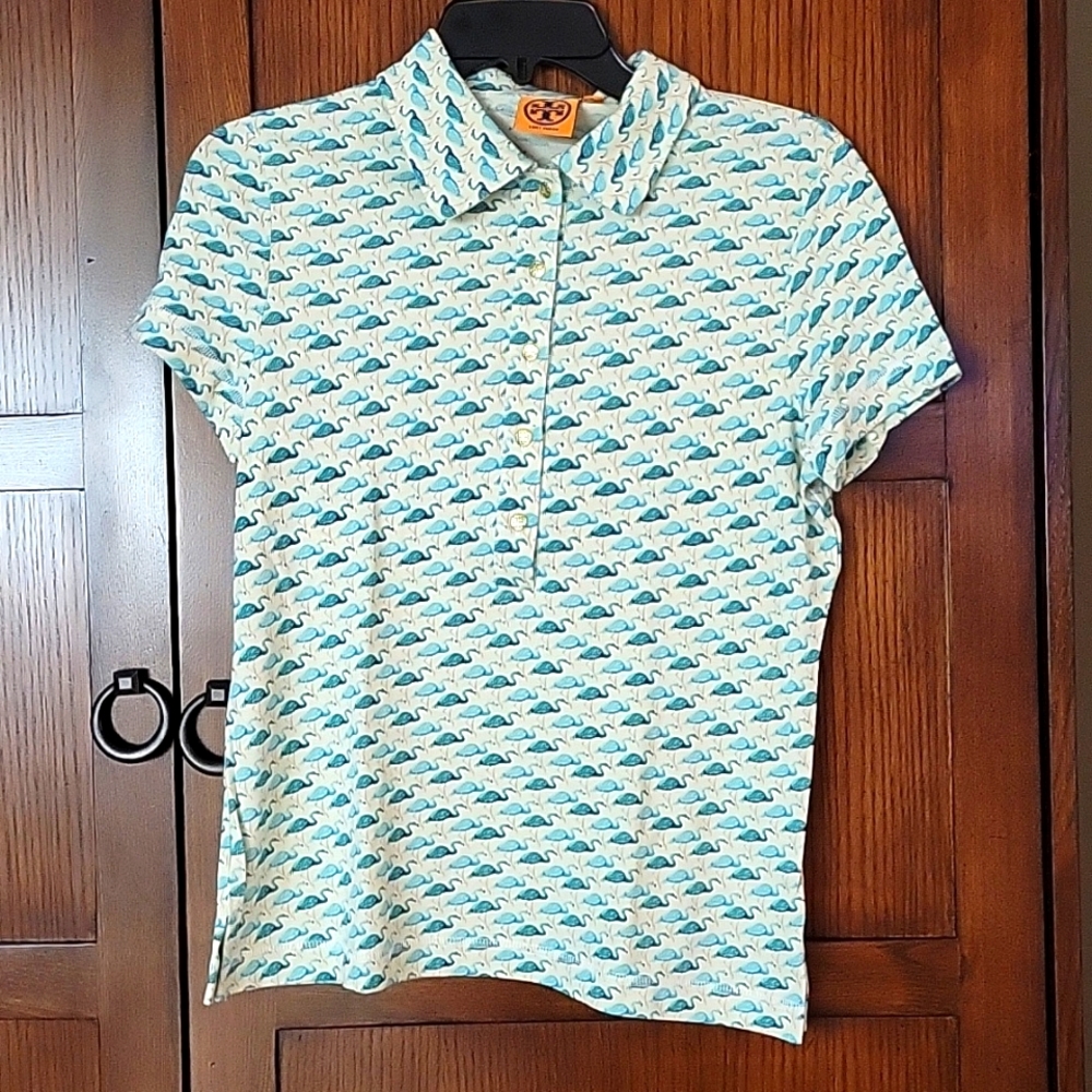 Tory Burch blue flamingo polo, size medium